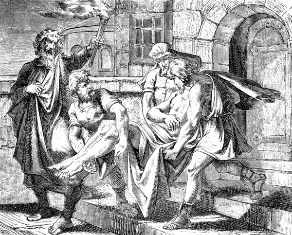 The disciples of John make their beheaded master, Gospel of Mark, chapter 6, order, king, oath, executioner, beheading, death, John the Baptist, torch, carrying, New Testament, Bible, historical illustration 1877