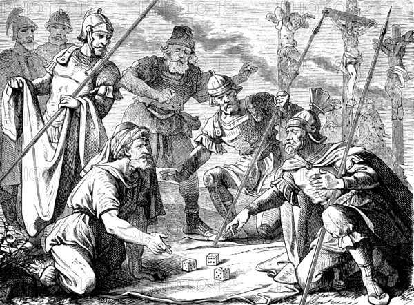 The war servants on the cross, Gospel of Mark, chapter 15, Jesus' crucifixion, two criminals, abandoned by God, Elijah, death, dice game, fun, soldiers, spears, weapons, New Testament, Bible, historical illustration 1877