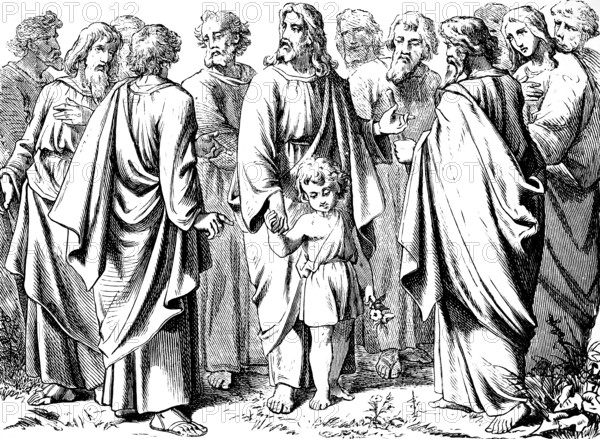 Jesus places a child in the midst of the disciples, Gospel of Mark, chapter 10, Let the children come to me, kingdom of God, touch, Jesus disciples, bless, New Testament, Bible, historical illustration 1877