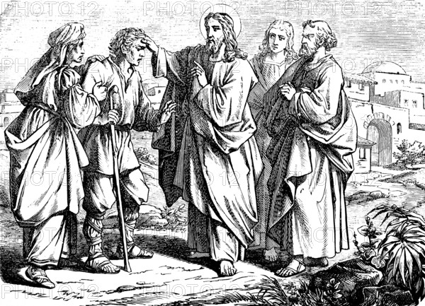 Jesus heals a blind man, Gospel of Mark, chapter 10, Jerusalem, city gate, request, healing, lay on, follow, faith, New Testament, Bible, historical illustration 1877