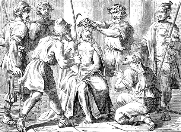 Mocking and Mistreating Jesus, Gospel of Mark, Chapter 15, Crown of Thorns, King of Jews, Beating, Mocking, Purple Cloak, Torment, Pain, Fighter, Rods, Simon and Cyrene, New Testament, Bible, historical illustration 1877