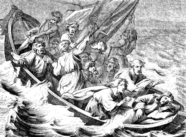Jesus sleeping on his pillow in a storm, Gospel of Mark, chapter 4, open wooden boat, disciples of Jesus, danger, high waves, fear, drowning, Jesus speaking, silent and silent, New Testament, Bible, historical illustration 1877