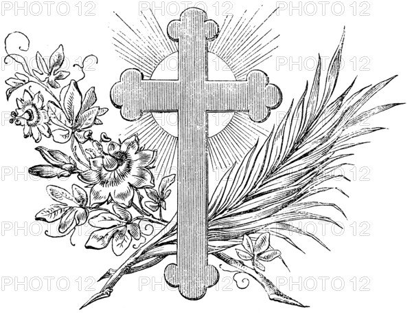 End of the Gospel of Matthew, cross, rays of light, palm branch, flowers, New Testament, Bible, historical illustration 1877