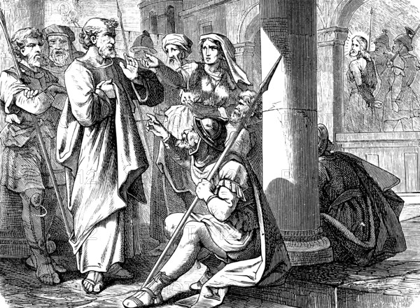 Peter's Denial, Gospel of Mark, Chapter 15, Pilate, Betrayal, King of the Jews, High Priest, Interrogation, Silence, Warrior, Group, New Testament, Bible, Historical Illustration 1877