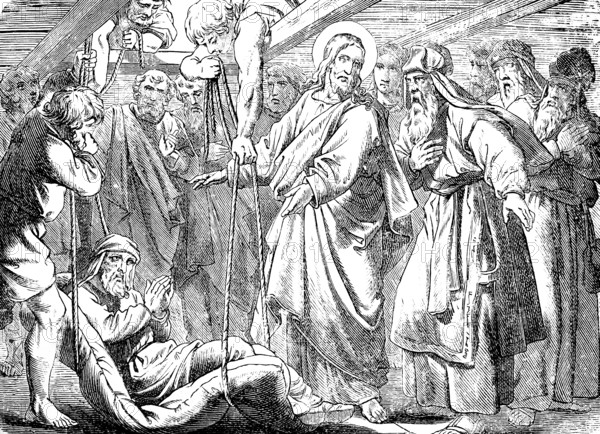 Jesus and the gout patient, Gospel of Mark, chapter 2, gout, plague, healing, forgiveness of sins, get up, take up your bed and go home, group, praise God, horror, wonder, New Testament, Bible, historical illustration 1877