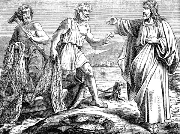 Jesus punishes Peter and Andrew, Galilean Sea, Sea of Galilee, Gospel of Mark, chapter 1, punishment, shore, fisherman, fishing net, basket of fish, boat, mountains, New Testament, Bible, historical illustration 1877