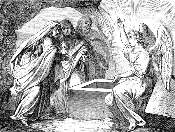 The Resurrection Message, Gospel of Matthew, Chapter 28, Jesus Resurrection, Life, Death, Grave, Angel, Fear, Joy, Ray of Light, Cave, New Testament, Bible, Historical Illustration 1877