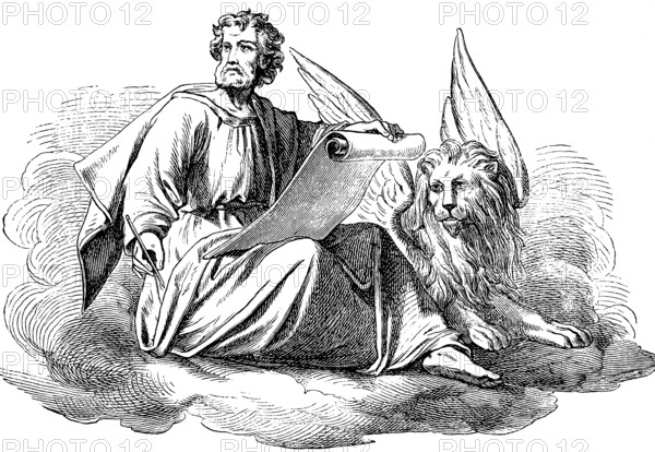Start of the Gospel of Mark, Apostle Saint Mark, lion with wings, Mark's lion, scroll, pen, cloud, New Testament, Bible, historical illustration 1877