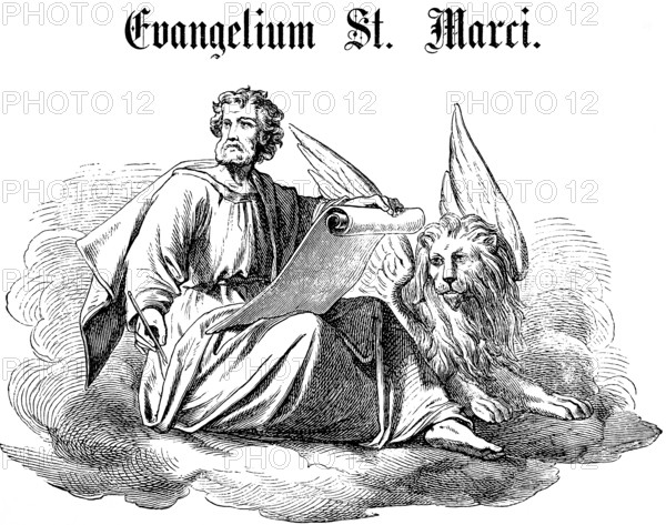 Start of the Gospel of Mark, Apostle Saint Mark, lion with wings, Mark's lion, scroll, pen, cloud, title, New Testament, Bible, historical illustration 1877