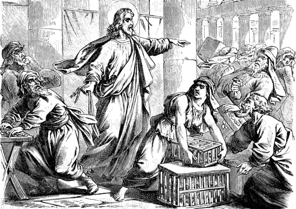 Jesus drives buyers and sellers out of the temple in Jerusalem, Gospel of Mark, chapter 12, murder pit, trade, money maker, doves, cage, horror, wonder, disbelieving, abuse, house of prayer, prayers, New Testament, Bible, historical illustration 1877