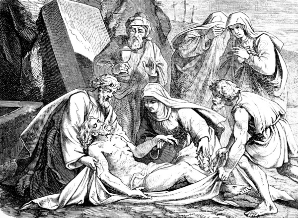 Entombment of Jesus, cave, rock, Mary Magdalene, grave, grief, death, tears, chalice, woman, three crosses, son of God, Gospel of Matthew, chapter 27, New Testament, Bible, historical illustration 1877