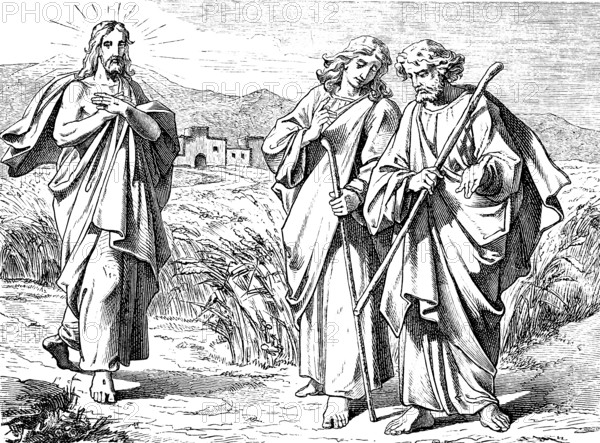Jesus appears to the two disciples on their way to the village of Emmaus, Gospel of Mark, chapter 16, Christ's resurrection, field, grain, miracle, disciple of Jesus, staff, New Testament, Bible, historical illustration 1877