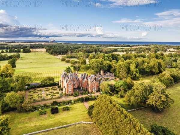 Tyninghame House over River Tyne from a drone, East Lothian, Scotland, UK