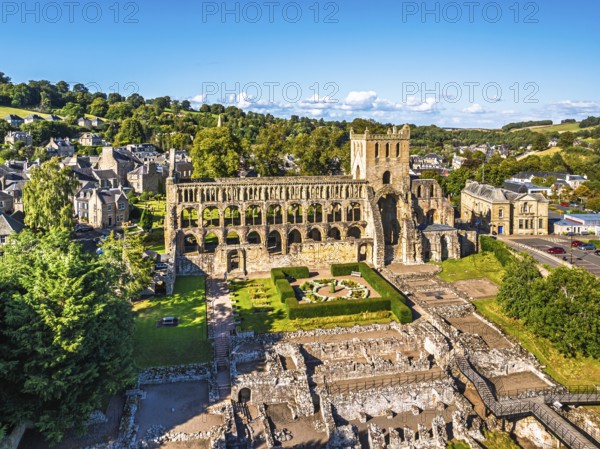 Jedburgh Abbey from a drone, Augustinian Abbey, Jedburgh, Scottish Borders, Scotland, UK