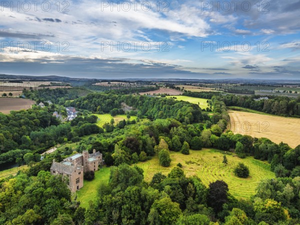 Hutton Castle from a drone, Whiteadder Water, Chirnside, Scottish Borders, UK