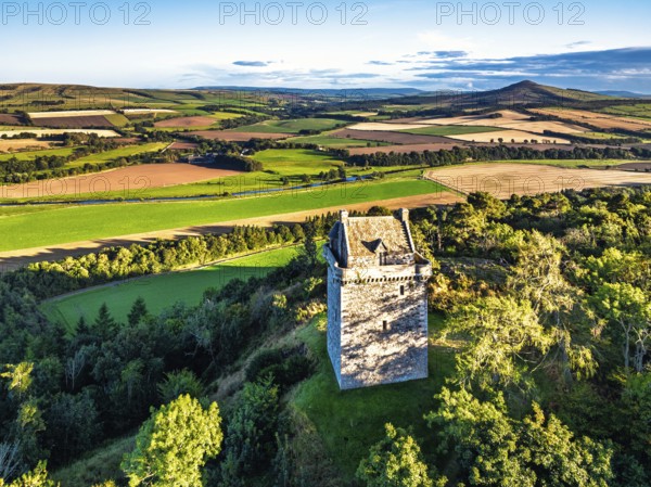 Fatlips Castle from a drone, Minto Crags, River Teviot, Roxburghshire, Scottish Borders, Scotland, UK