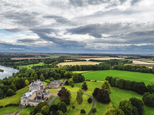 Paxton House over River Tweed from a drone, Paxton, Berwick-upon-Tweed, Berwickshire, Scotland, UK