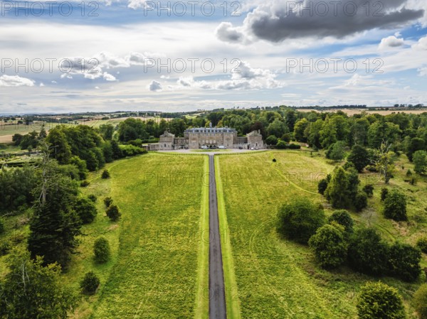 Marchmont House and garden from a drone, Marchmont Estate, Greenlaw, Berwickshire, Duns, Scotland, UK