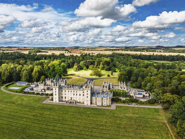 Floors Castle and garden from a drone, Duke of Roxburghe, Roxburghshire, Scotland, UK