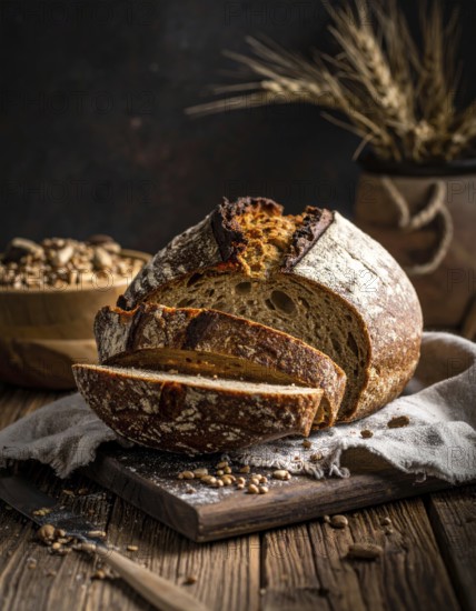 Rustic loaf of whole grain bread, fresh baked, close up of bread on dark wooden table, golden rust, soft lighting with blurred background, symbol for bakery and agriculture, healthy eating background, AI generated