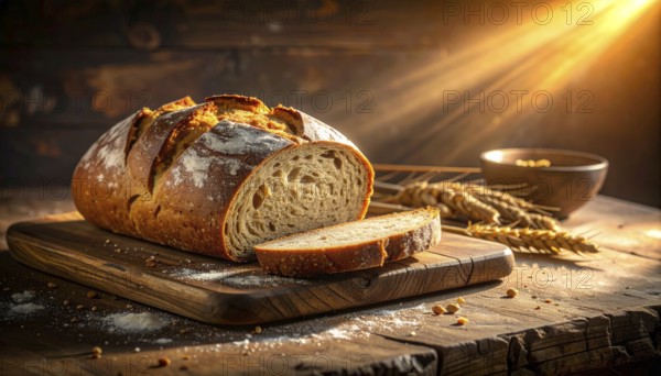 Rustic loaf of whole grain bread, fresh baked, close up of bread on dark wooden table, golden rust, soft lighting with blurred background, symbol for bakery and agriculture, healthy eating background, AI generated