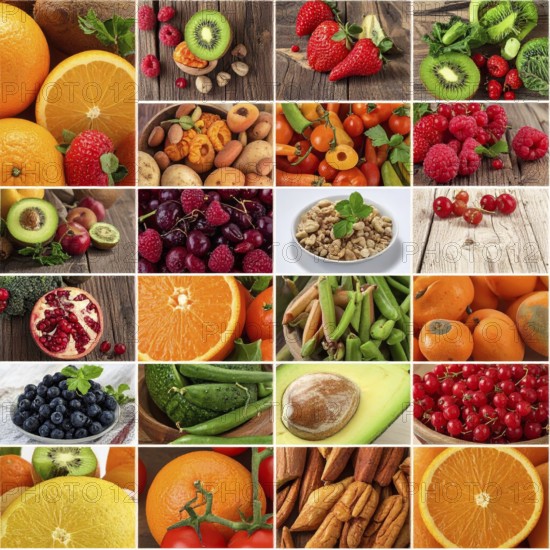 Food collage of various biological and organic fruits and vegetables, fresh healthy lifestyle, with a variety of vitamins, citrus fruits, green and red organic vegetables, kiwi, bananas, apple, avocados, tomatoes and green salad, symbolic background illustration for banner, template or wallpaper, AI generated