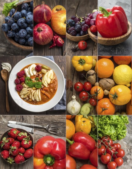 Food collage of various biological and organic fruits and vegetables, fresh healthy lifestyle, with a variety of vitamins, citrus fruits, green and red organic vegetables, kiwi, bananas, apple, avocados, tomatoes and green salad, symbolic background illustration for banner, template or wallpaper, AI generated
