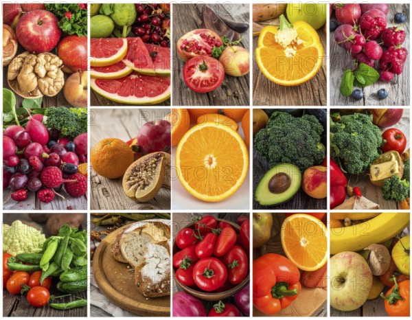 Food collage of various biological and organic fruits and vegetables, fresh healthy lifestyle, with a variety of vitamins, citrus fruits, green and red organic vegetables, kiwi, bananas, apple, avocados, tomatoes and green salad, symbolic background illustration for banner, template or wallpaper, AI generated