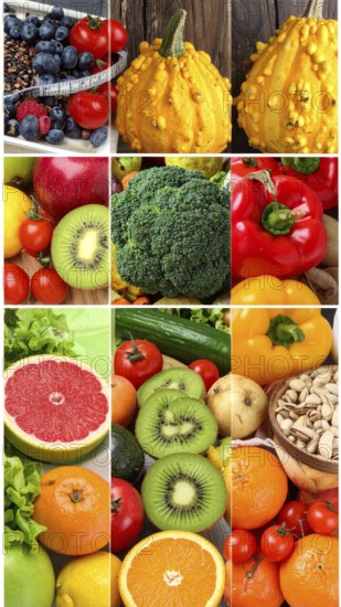 Food collage of various biological and organic fruits and vegetables, fresh healthy lifestyle, with a variety of vitamins, citrus fruits, green and red organic vegetables, kiwi, bananas, apple, avocados, tomatoes and green salad, symbolic background illustration for banner, template or wallpaper, AI generated