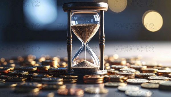 Hourglass and stacked golden coins, illustrating currency fluctuation and time impact commodities value, symbolizing fluctuating finance market changes, business setting, glass with sand on wooden table in the office, blurred background, wallpaper illustration, AI generated