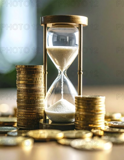 Hourglass and stacked golden coins, illustrating currency fluctuation and time impact commodities value, symbolizing fluctuating finance market changes, business setting, glass with sand on wooden table in the office, blurred background, wallpaper illustration, AI generated