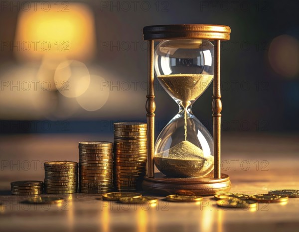 Hourglass and stacked golden coins, illustrating currency fluctuation and time impact commodities value, symbolizing fluctuating finance market changes, business setting, glass with sand on wooden table in the office, blurred background, wallpaper illustration, AI generated