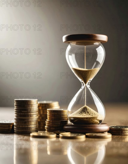 Hourglass and stacked golden coins, illustrating currency fluctuation and time impact commodities value, symbolizing fluctuating finance market changes, business setting, glass with sand on wooden table in the office, blurred background, wallpaper illustration, AI generated