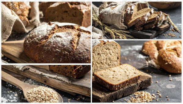 Collage of rustic loaf of whole grain bread, bread on dark rustic wooden table, great variety of grain and whole wheat bread, illustration wallpaper for bakery and healthy food lifestyle, AI generated