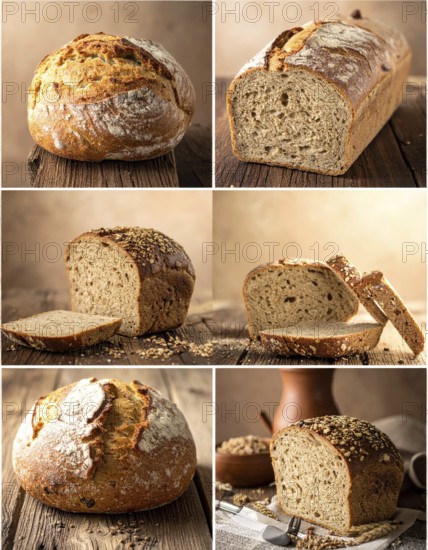 Collage of rustic loaf of whole grain bread, bread on dark rustic wooden table, great variety of grain and whole wheat bread, illustration wallpaper for bakery and healthy food lifestyle, AI generated