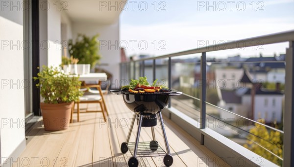 Cooking vegetables on grill on the balcony, healthy lifestyle, vegetarian barbeque, leisure time in summer, suburban setting with blurred background, soft golden light of evening, blue sky, AI generated