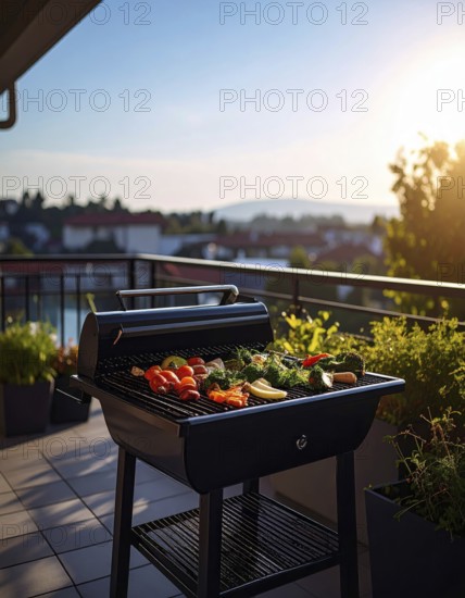 Cooking vegetables on grill on the balcony, healthy lifestyle, vegetarian barbeque, leisure time in summer, suburban setting with blurred background, soft golden light of evening, blue sky, AI generated
