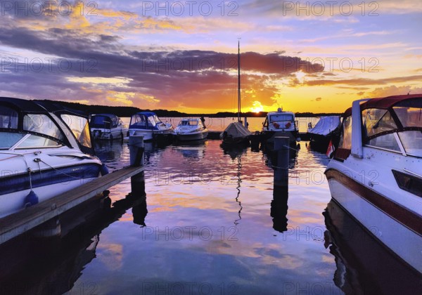 Sunset over Lake Gudelack at Marina Lindow (Mark), Stechlin-Ruppiner Land nature park Park, Brandenburg, Germany