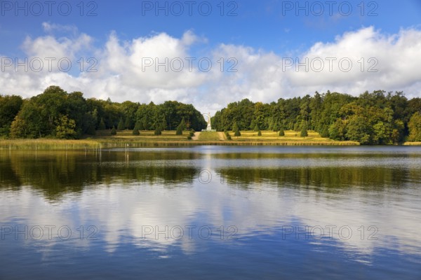 Lake Grienerick with the Rheinsberg Obelisk, Rheinsberg, Brandenburg, Germany