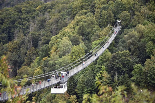 Suspension bridge, Titan RT rope bridge over the Rappbode dam in the Harz Mountains, Saxony-Anhalt, Germany