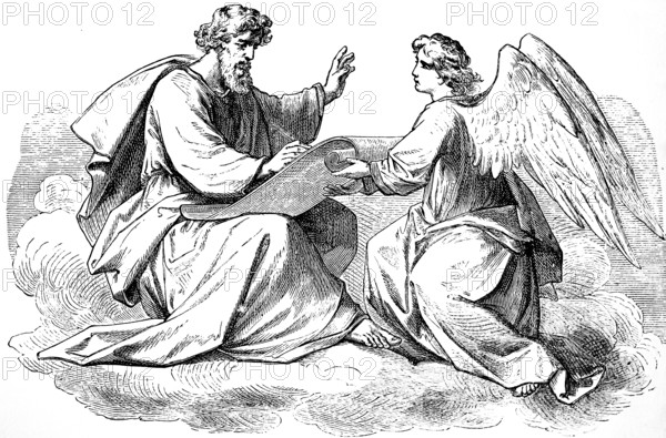 Introductory picture to the Gospel of Matthew, chapter 1, God, angel, scroll, pen, writing, New Testament, Bible, historical illustration 1877