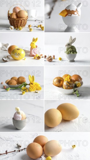 Collage of easter symbols, rabbit, fresh blooming flowers, bird's nest, colored easter eggs, sweets, chocolate and cakes, symbolic wallpaper illustration for festive easter vacation, AI generated
