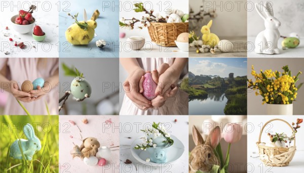 Collage of easter symbols, rabbit, fresh blooming flowers, bird's nest, colored easter eggs, sweets, chocolate and cakes, symbolic wallpaper illustration for festive easter vacation, AI generated
