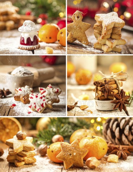 Collage of Christmas cookies and sweets, variation of sweet desserts, lots of unhealthy calories, soft golden light, festive wallpaper background, AI generated