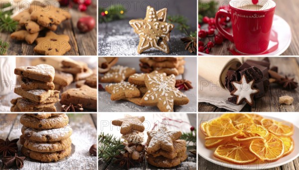 Collage of Christmas cookies and sweets, variation of sweet desserts, lots of unhealthy calories, soft golden light, festive wallpaper background, AI generated