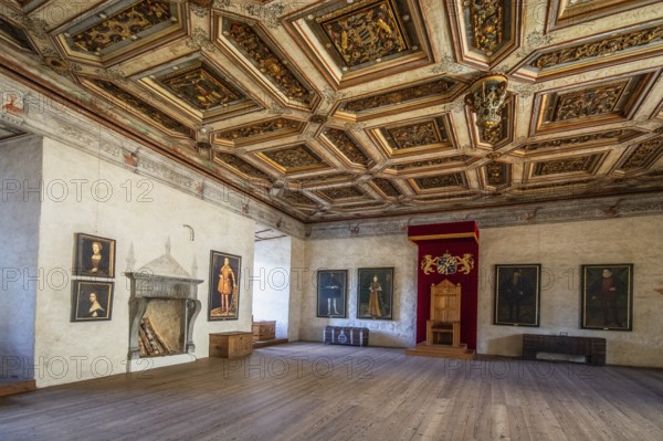 Trone room in Kalmar slott castle in Sweden. Kalmar Castle was build in the 12th century. It was here that the Kalmar Union was signed in 1397. During the 16th century and the time of the Vasa kings the castle acquired its current design. Kalmar, Småland, Sweden, Scandinavia