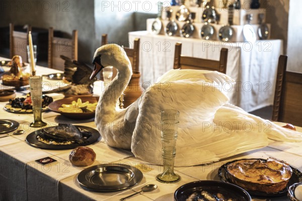 Interior of Kalmar Castle: The Easter table in the Grey Hall where Johan III ate his meals. Kalmar, Småland, Sweden, Scandinavia