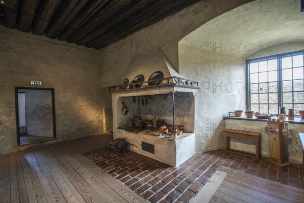 Interior of Kalmar Castle: The kitchen. Kalmar, Småland, Sweden, Scandinavia. Kalmar Castle was build in the 12th century. It was here that the Kalmar Union was signed in 1397. During the 16th century and the time of the Vasa kings the castle acquired its current design