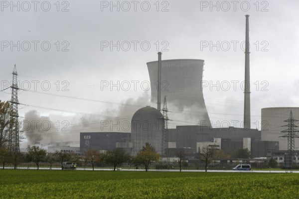 Demolition of the 160m high cooling towers of the disused Gundremmingen nuclear power plant (AKW KRB), Gundremmingen, Bavaria, Germany