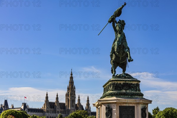 Monument of Archduke Karl, behind it the Town Hall with its neo-Gothic façade, Heldenplatz, Vienna, Austria
